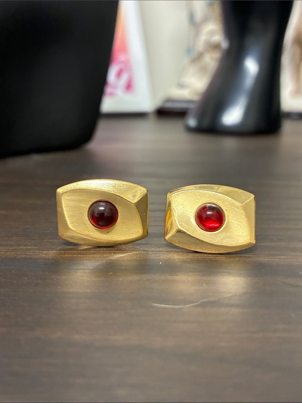 Mid-Century Modern Gold-Tone Eye Cufflinks with Red and Dark Red Cabochons